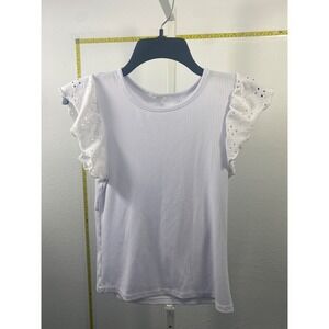Lavender Ribbed Knit Top Eyelet Lace Flutter Sleeve Crew Neck Tee Purple Small